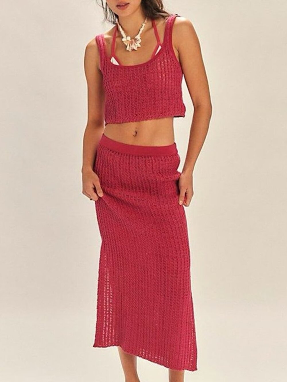 Free People 2 piece Crop Tank and Midi Skirt Sweater set Pink Size XL NWOT - Picture 2 of 12